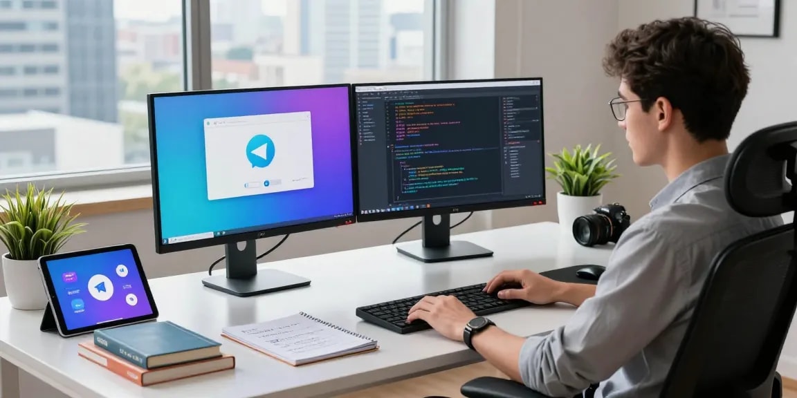 Dynamic workspace showcasing Telegram download interfaces on dual monitors, developer engaging with tech gadgets and bright city skyline.