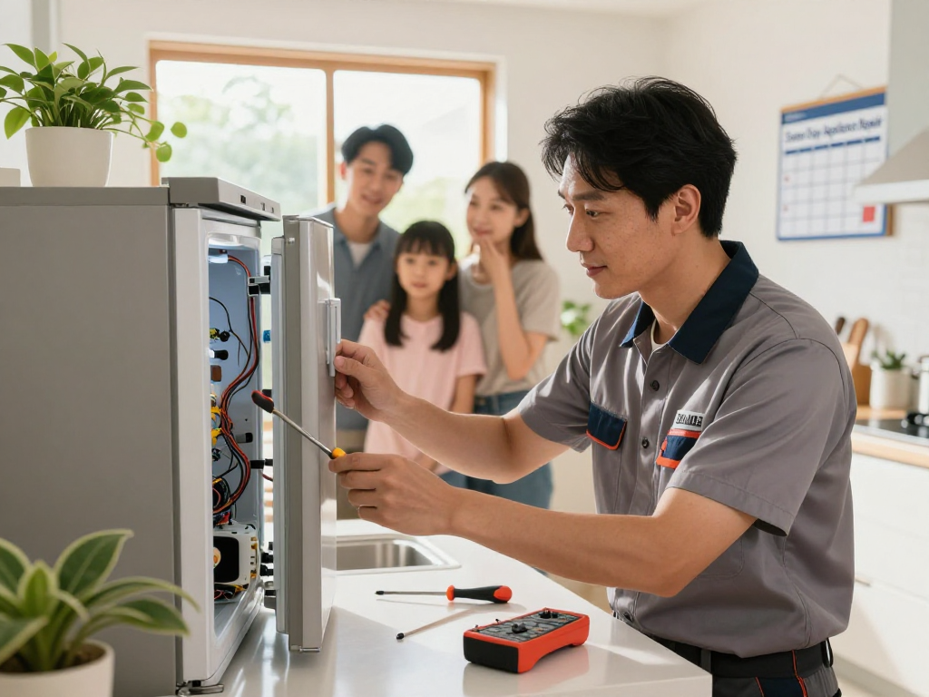 Same day appliance repair service in a modern kitchen, technician fixing refrigerator with tools, family observing in relief and gratitude.