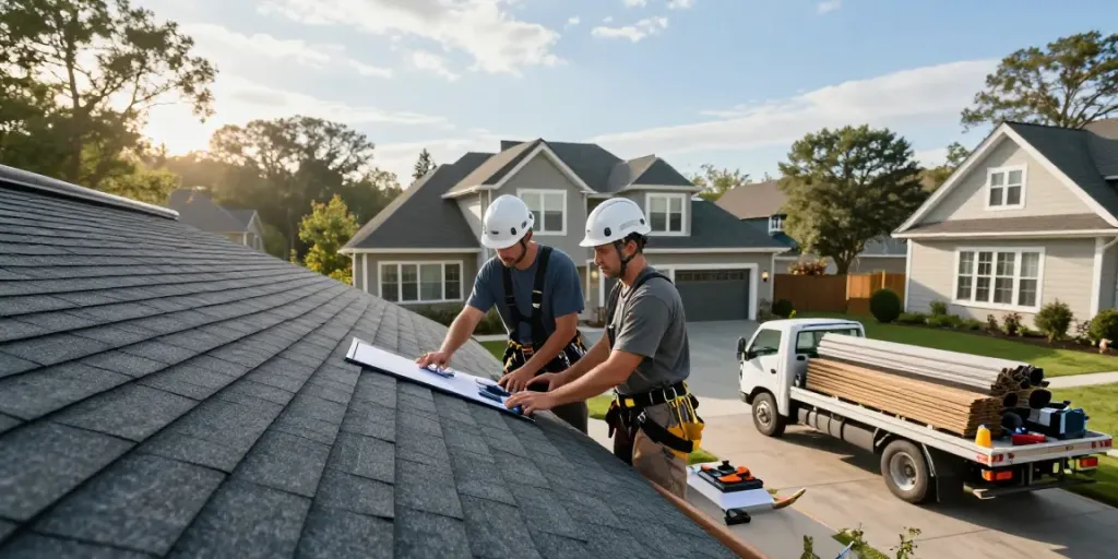 MROOF Roof Replacement being performed by a skilled team on a suburban home with new shingles and tools.