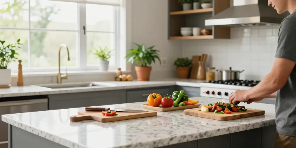Beautiful kitchen countertops Hamilton with a chef preparing a vibrant meal on quartz surfaces.