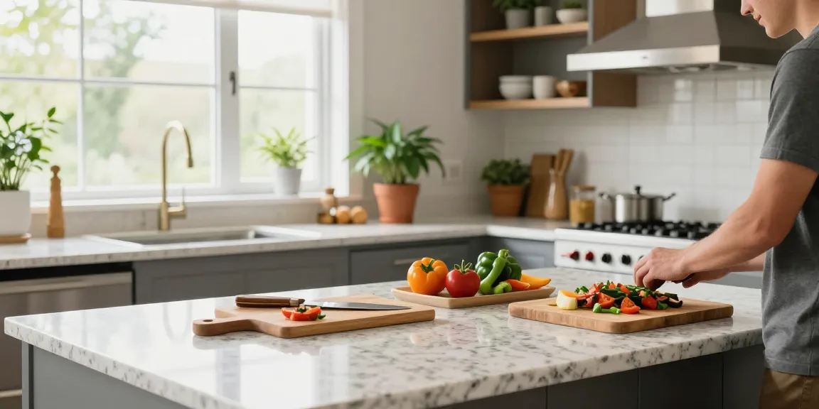 Beautiful kitchen countertops Hamilton with a chef preparing a vibrant meal on quartz surfaces.