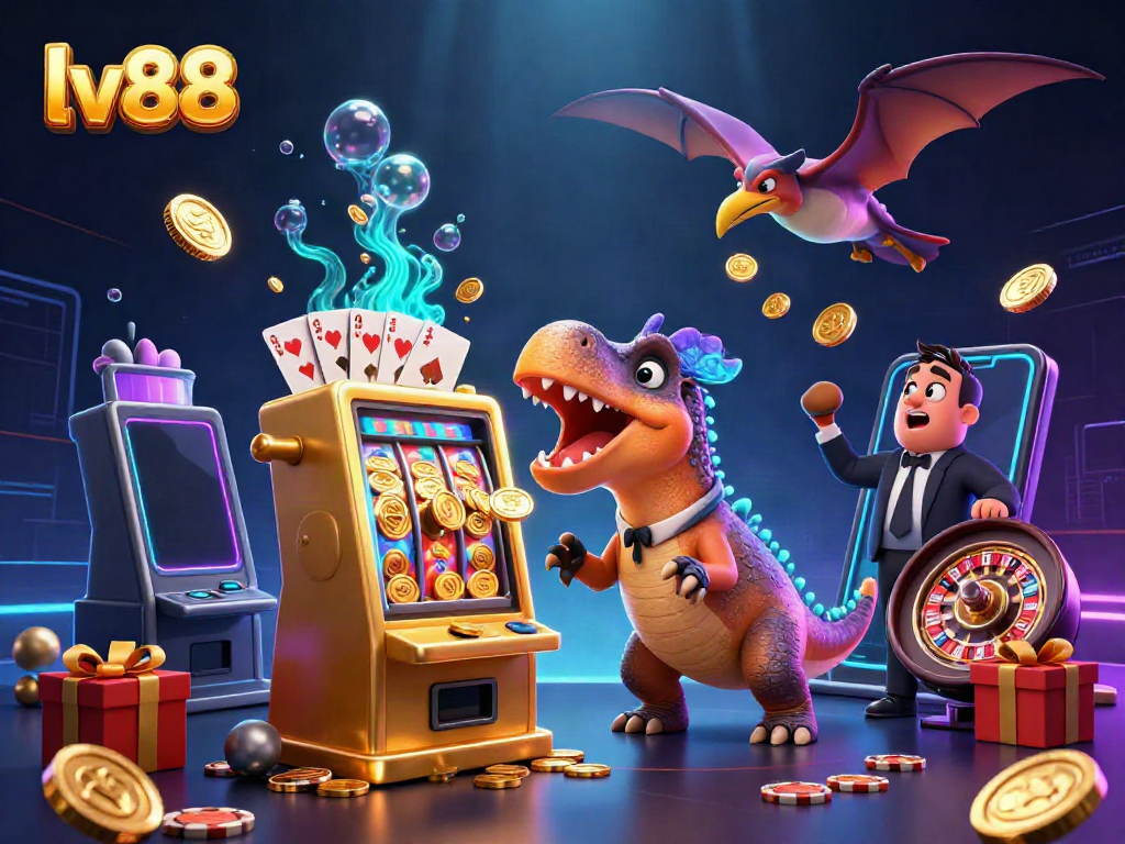 Catch golden coins in a vibrant casino scene featuring lv88's pachycephalosaurus and slot machine.