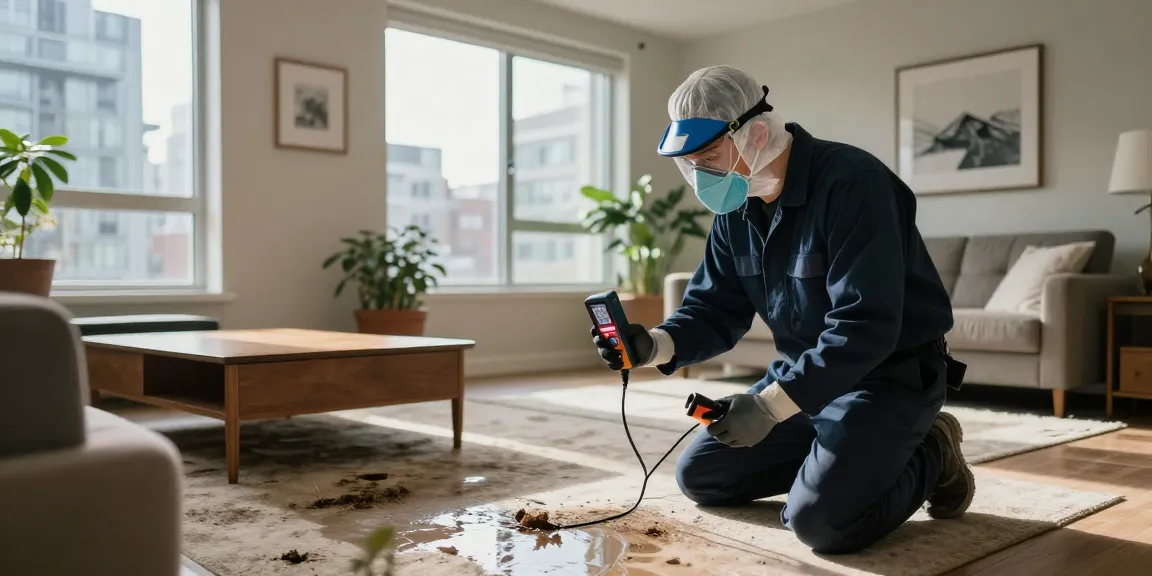 Water Damage Restoration Vancouver technician inspecting moisture in an urban apartment, showcasing professional equipment and restoration process.