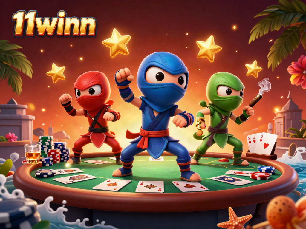 Engage in thrilling poker dynamics at 11winn with colorful chameleons showcasing their martial arts moves amidst vibrant casino elements.