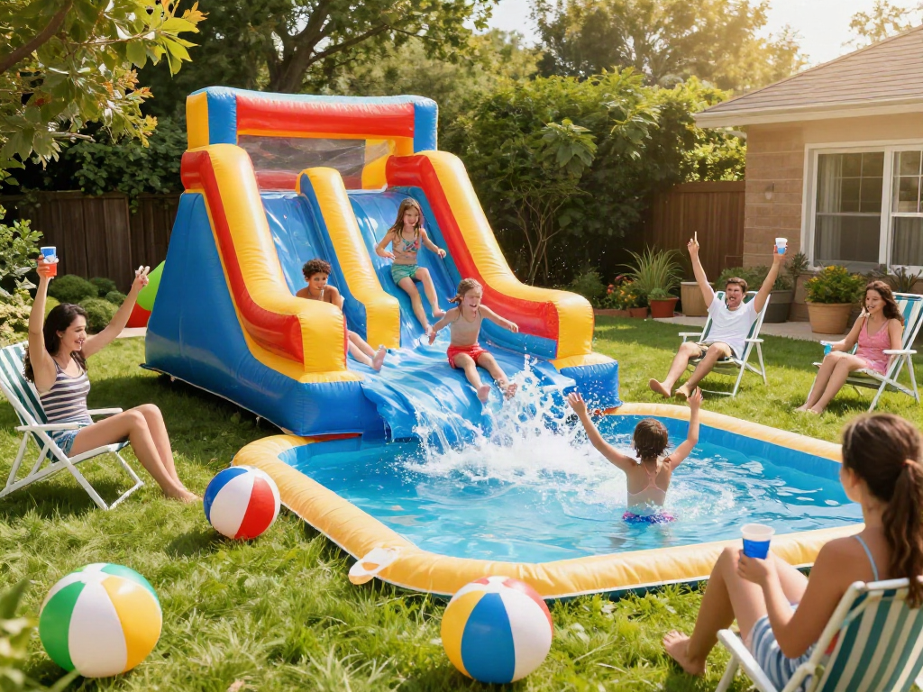 Children enjoying a colorful water slide in a vibrant backyard, capturing summer fun.