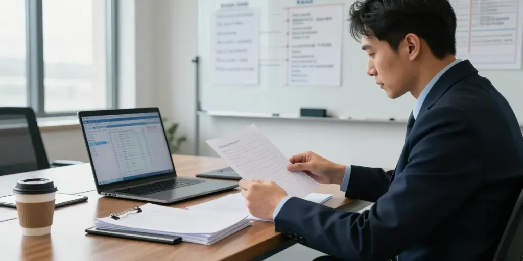 Investigation scene showcasing private investigator reviewing case files, highlighting goodtam.com/blog/흥신소-비용/ insights.