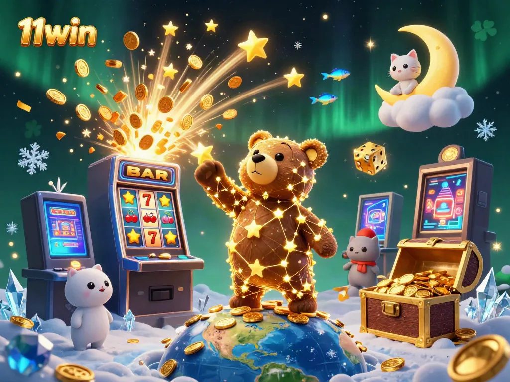 Scoop coins in a vibrant casino scene with 11win's constellation bear and treasure chest.