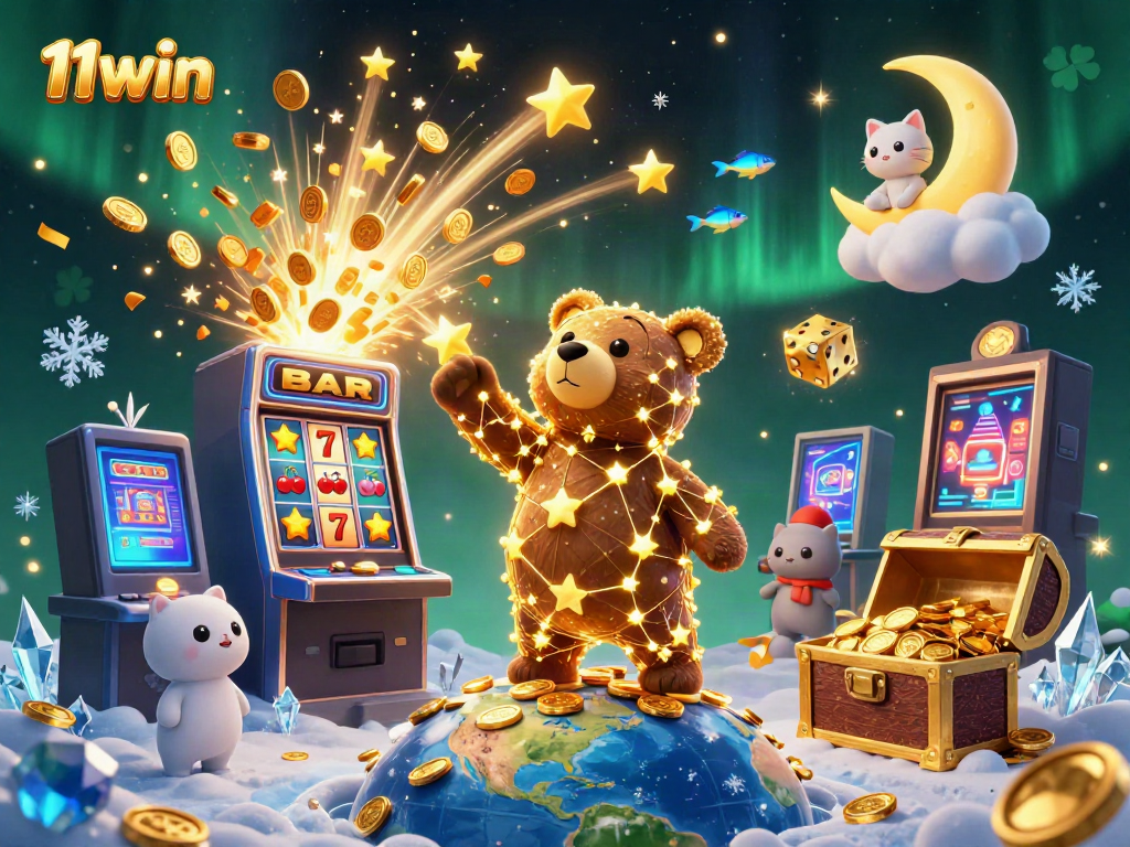 Scoop coins in a vibrant casino scene with 11win's constellation bear and treasure chest.