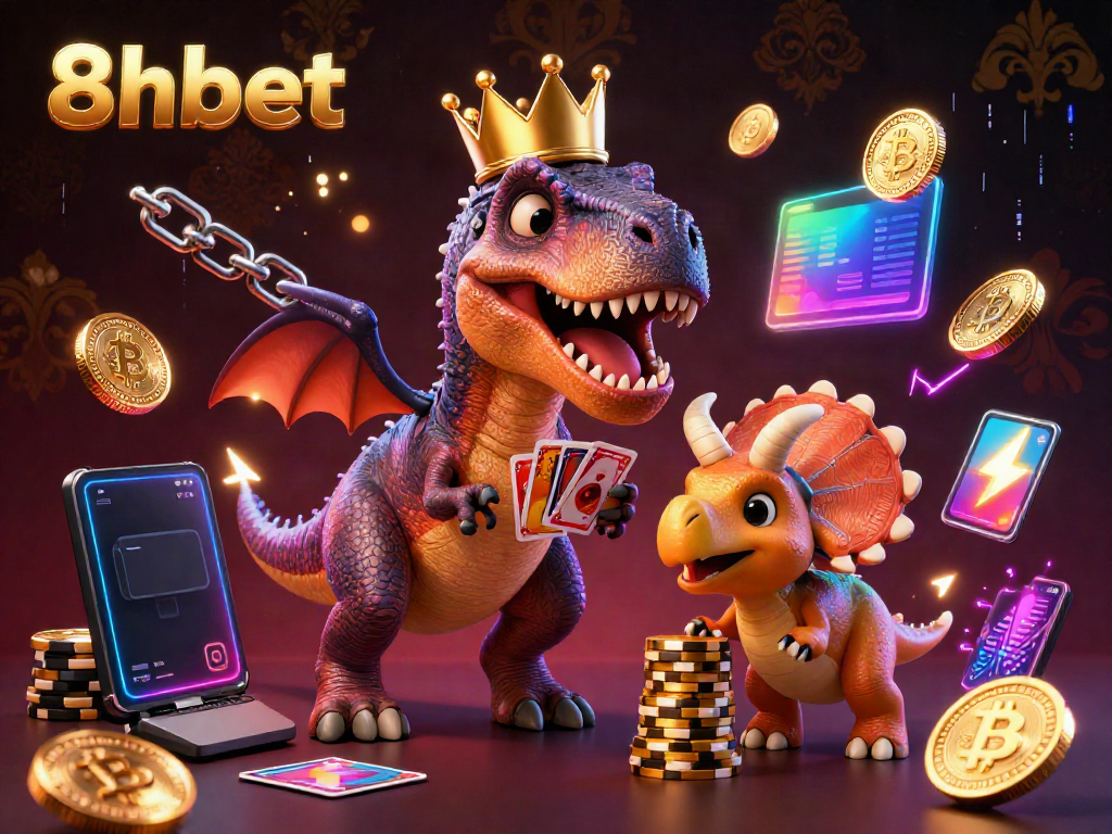 Engage with 8xbet through a vibrant 3D illustration featuring classic casino characters amidst dynamic digital elements.