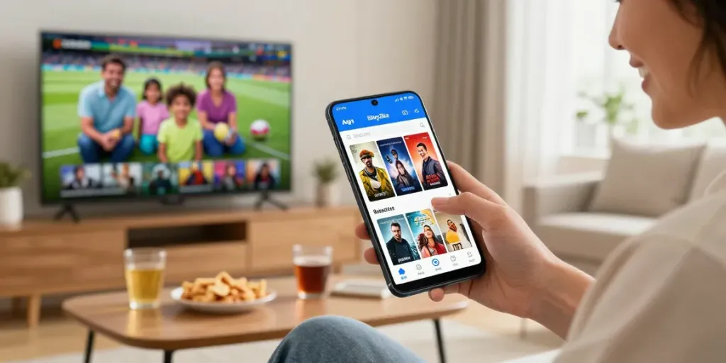 FilmyZilla APK displayed on smartphone with diverse content, user enjoying streaming in cozy living room