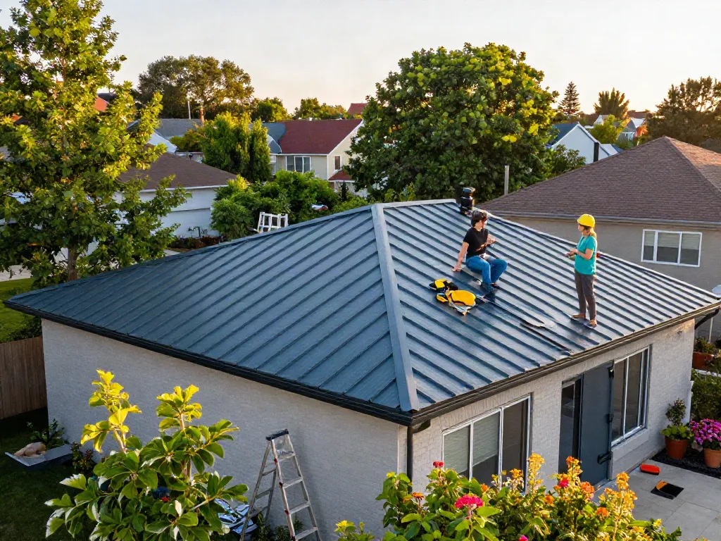 M Roof metal roof installation with homeowners admiring durability and style in a sunny neighborhood.
