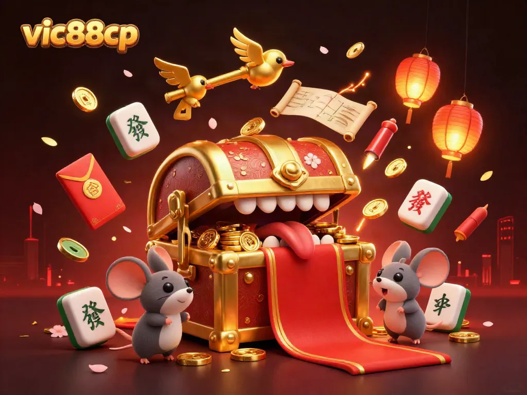 Spin the reels with vic88cp's vibrant scene showcasing a golden treasure chest and rich gaming elements.