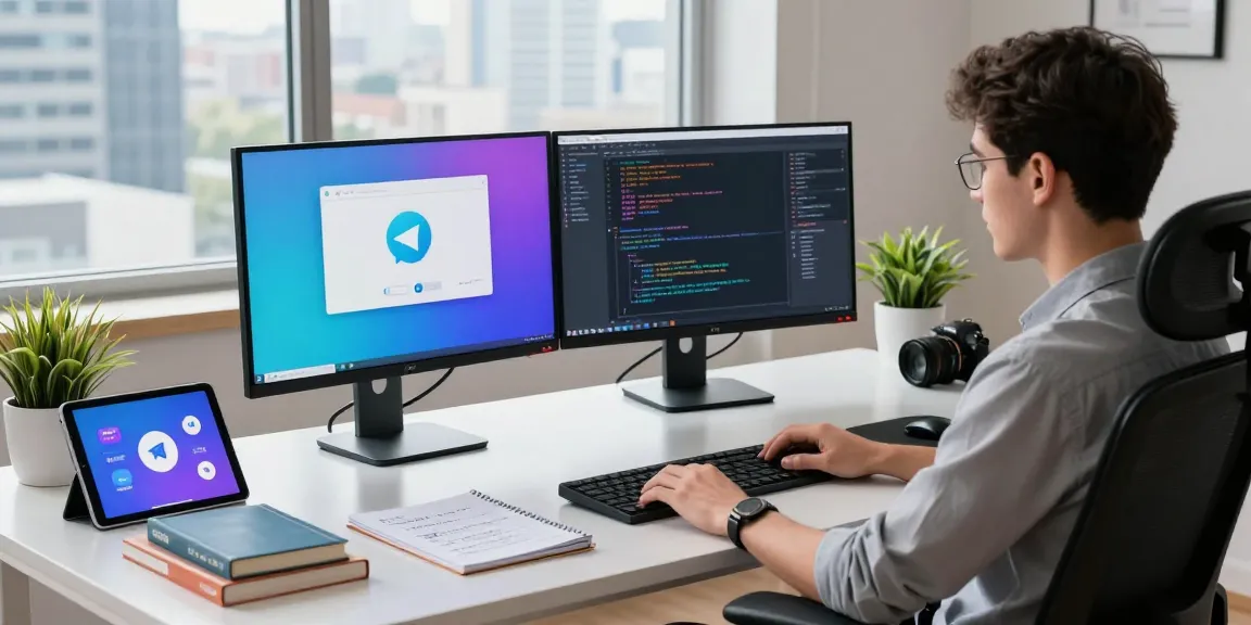 Dynamic workspace showcasing Telegram download interfaces on dual monitors, developer engaging with tech gadgets and bright city skyline.