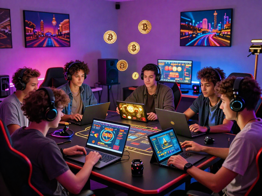 Engaging experience at a crypto casino in Canada that accepts bitcoin with friends enjoying online gaming.