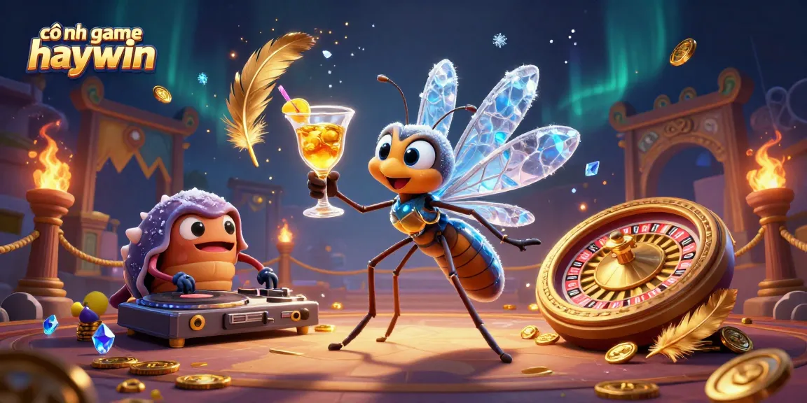 Experience the thrill with cổng game haywin, featuring a lively frozen mosquito mascot and vibrant casino elements.